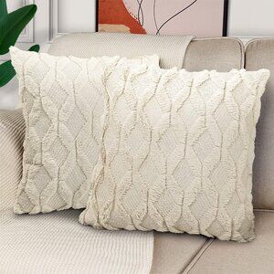 Square Boho Cushion Beige Case with Faux Velvet Soft Plush Short Wool Set of 2